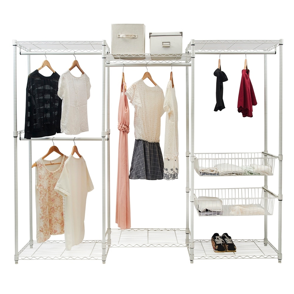 Home Closet System Organizer White with Sliding Baskets Storage Shelf - Silver