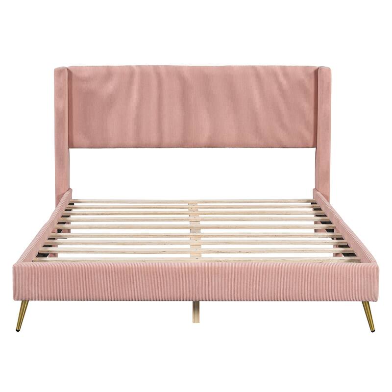 Modern Queen Platform Bed in Corduroy with Tufted Headboard, Metal Legs, and Sturdy Wood Slats