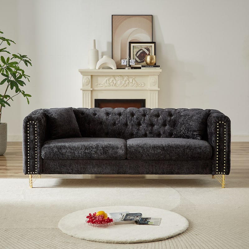 82-Inch Chesterfield-Style Chenille Sofa, Tufted Design with Nailhead Armrests and Metal Legs for Living Room - Black