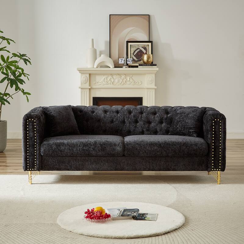 Buttons Tufted Pull Buckle Design Sofa with Copper Nail Decoration Armrest and Metal Legs