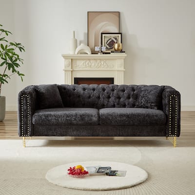 Buttons Tufted Pull Buckle Design Sofa with Copper Nail Decoration Armrest and Metal Legs