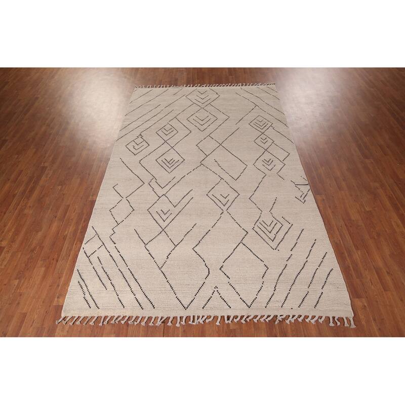 All-Over Ivory Moroccan Modern Area Rug Hand-Knotted Wool Carpet - 6'10"x 10'8"