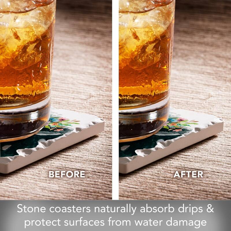 Flower Crown Cow 4 Pack Stone Coasters with Cork Backing 4" Square Made in The USA Artistic Absorbent Easily Wipes Clean