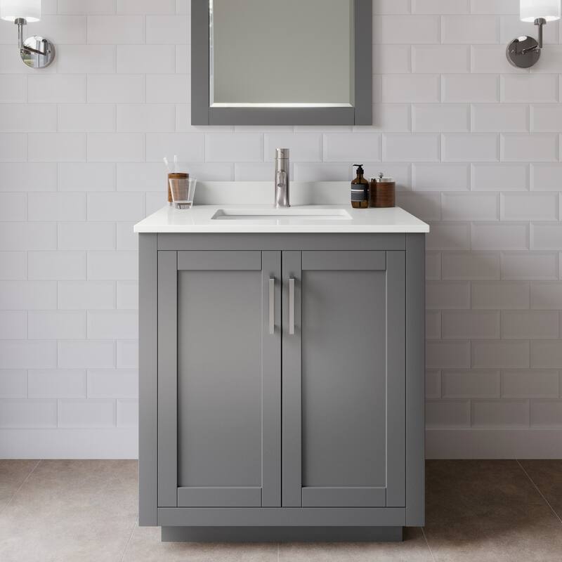 Wyndham Collection WCF292930S-QTZ-UNSMXX Miranda 30" Free Standing - Dark Gray / White Quartz Top / Brushed Nickel