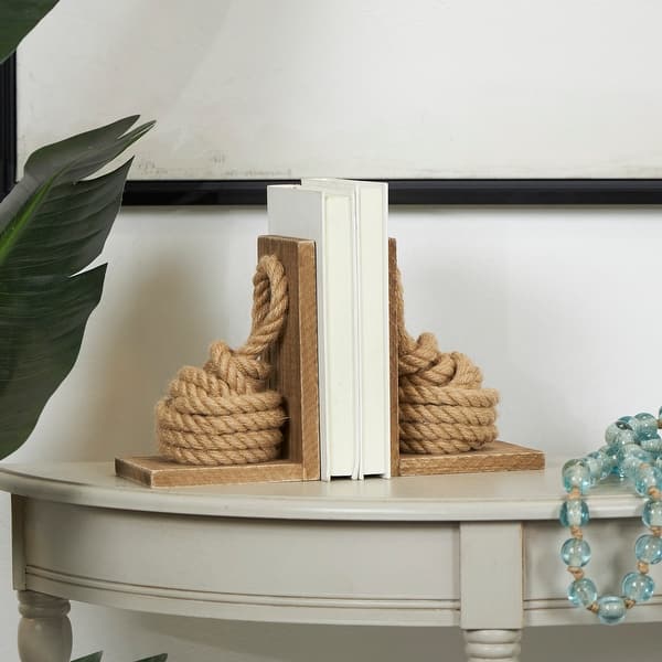 Brown Wood Rope Knot Decorative Bookends with Distressed L-Shaped ...