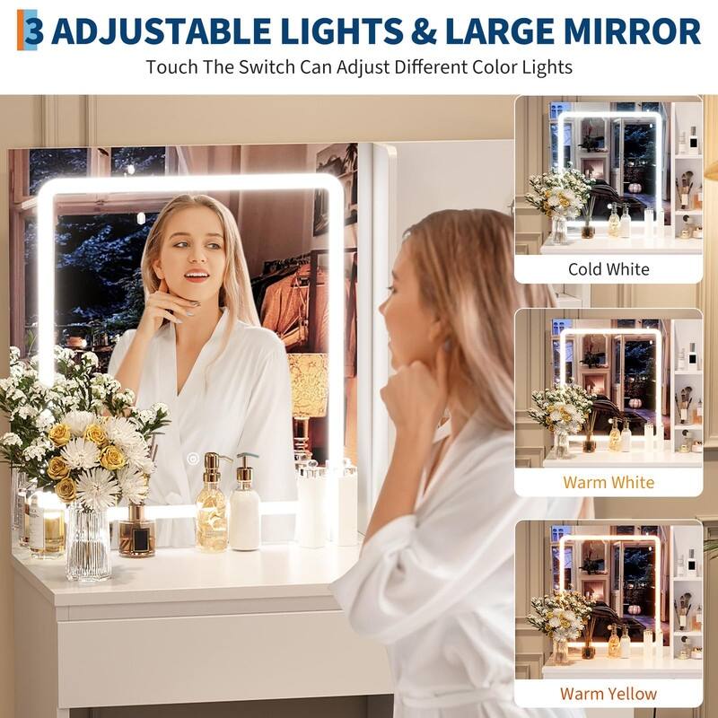 Vanity Desk with LED Mirror, Charging Ports, Storage Stool, Drawers, Hair Dryer Holder