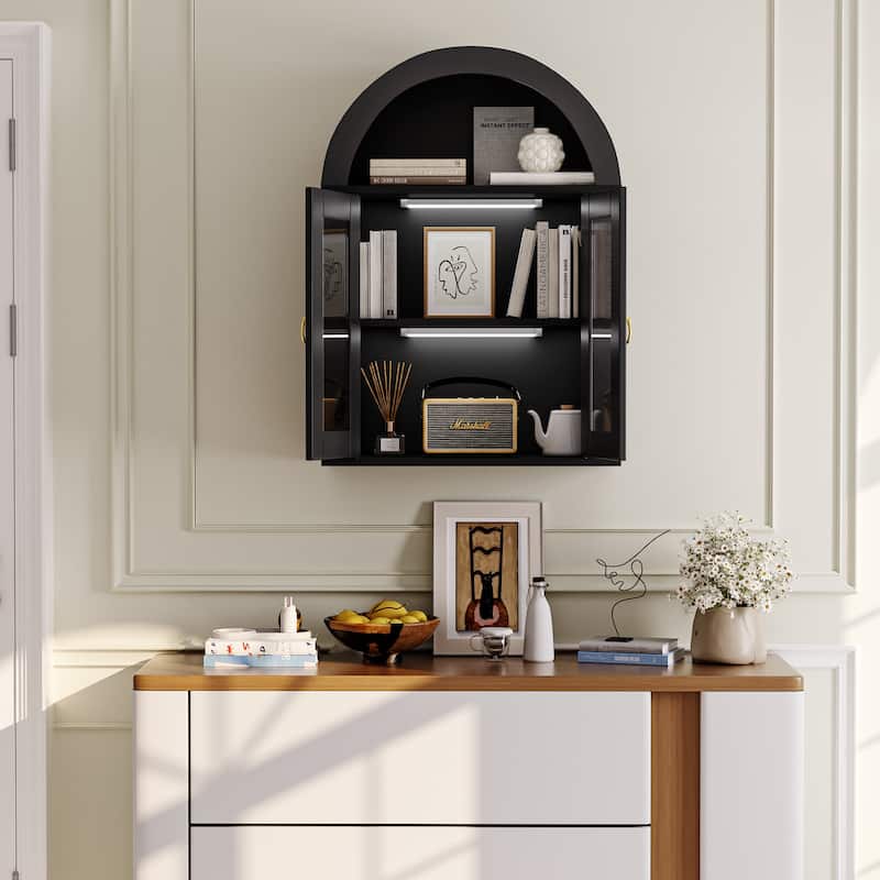 Wall Mounted Arched Cabinet with Glass Doors, Light and Adjustable Shelves for Laundry Room, Bathroom, Kitchen