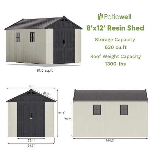 dimension image slide 9 of 10, Patiowell 8' x 6' / 8' x 8' / 8' x 10 '/ 8' x 12' Plastic Outdoor Shed With Floor for Patio Furniture, Tools (Kick-It Shed)