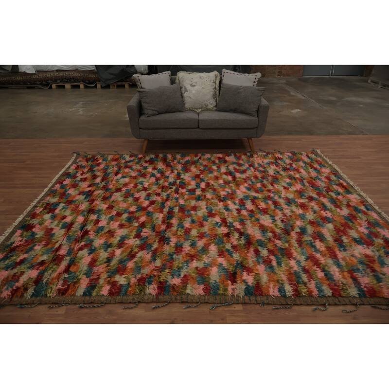 Hand Knotted Oriental 100% Wool Carpet Tribal Checkered Multi-Colored Moroccan Area Rug - 9' 10'' X 8' 1''