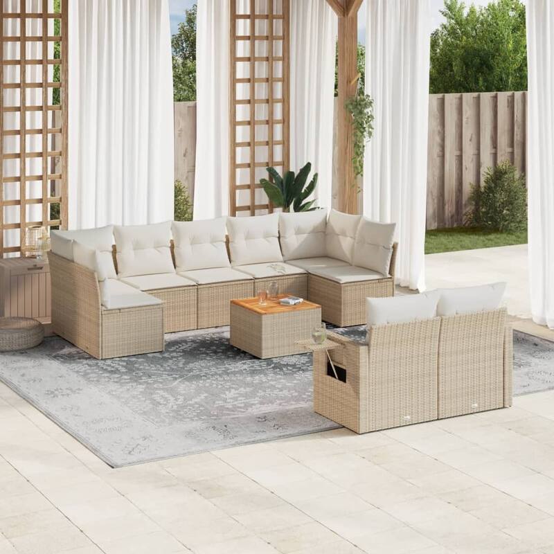 vidaXL Garden Sofa Set with Cushions Outdoor Sofa Set Corner Seat Poly Rattan - Beige Table + 5x middle + 2x corner - 113.8 x 46.1 x 33.5 in (W x D x H)