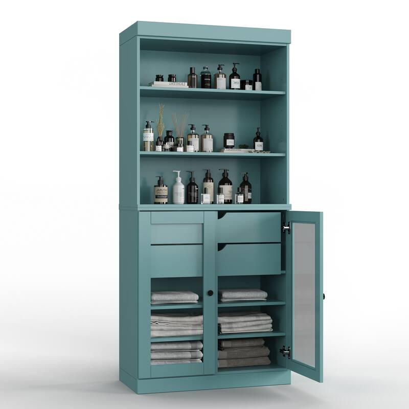 100% Solid Wood 32" Bathroom Cabinet with Optional Doors, 2-Drawers by Palace Imports - Aqua Blue - 2 Glass Doors
