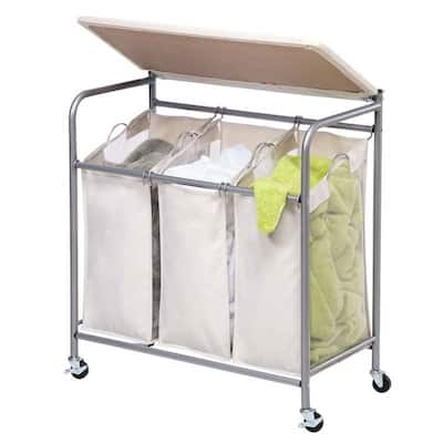 3 Removable Hampers Laundry Sorter with Wheels and Folding Ironing Board Silver Frame - 15.67 x 31.3 x 33.27 (LxWxH)