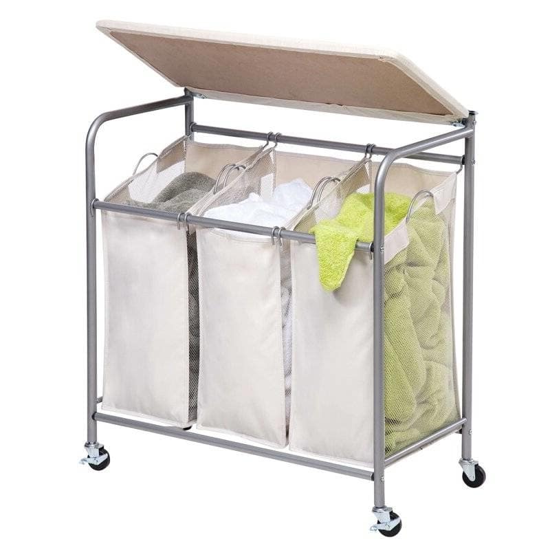 Beige Fabric 3-Section Wheeled Laundry Sorter with Folding Ironing Board - 15.67 x 31.3 x 33.27 (LxWxH)
