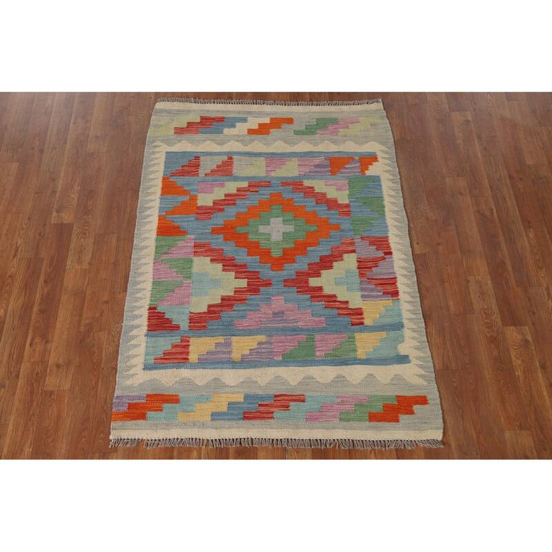 Multicolor Geometric Kilim Oriental Area Rug Hand-Woven Wool Carpet - 3'3"x 4'8"