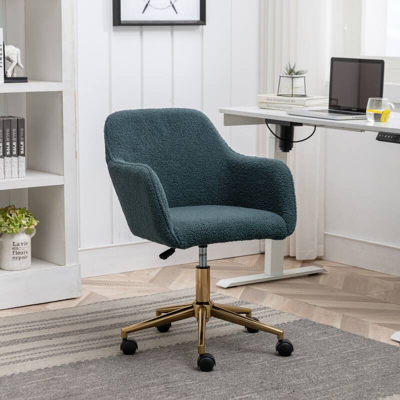 Modern Teddy Fabric Material Adjustable Height 360 Revolving Home Office Chair with Gold Metal Legs, for Indoor, Green - Green