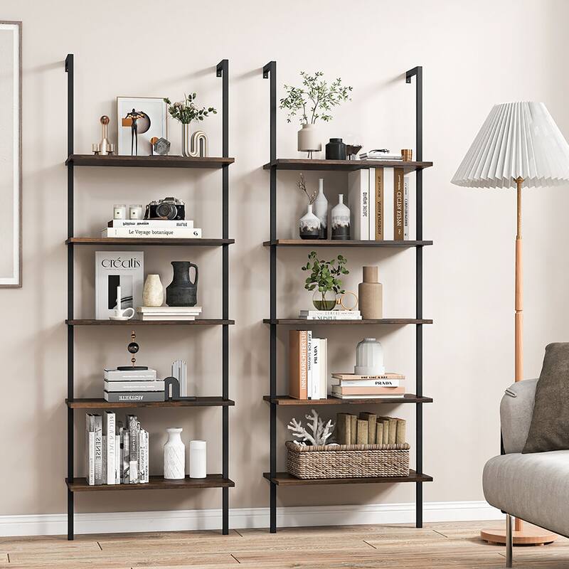 Gymax 2 PCS 5 Tier Ladder Shelf 71'' Wall-Mounted Bookshelf Display