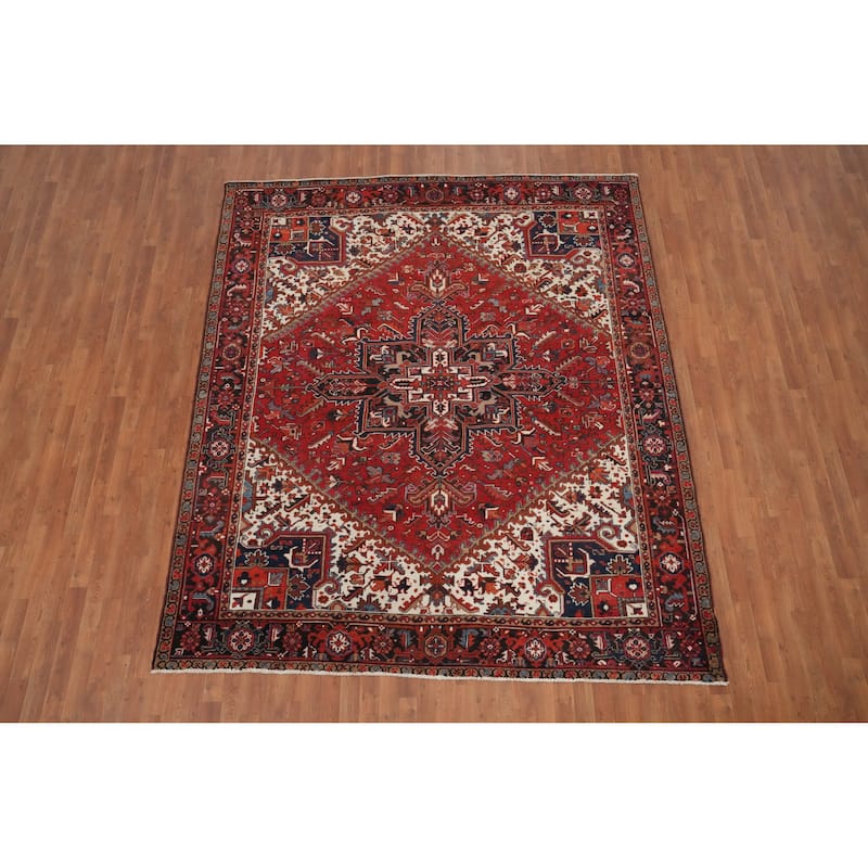 Hand Knotted Oriental 100% Wool Carpet Traditional Floral Red Heriz Area Rug - 9' 7'' X 8' 2''