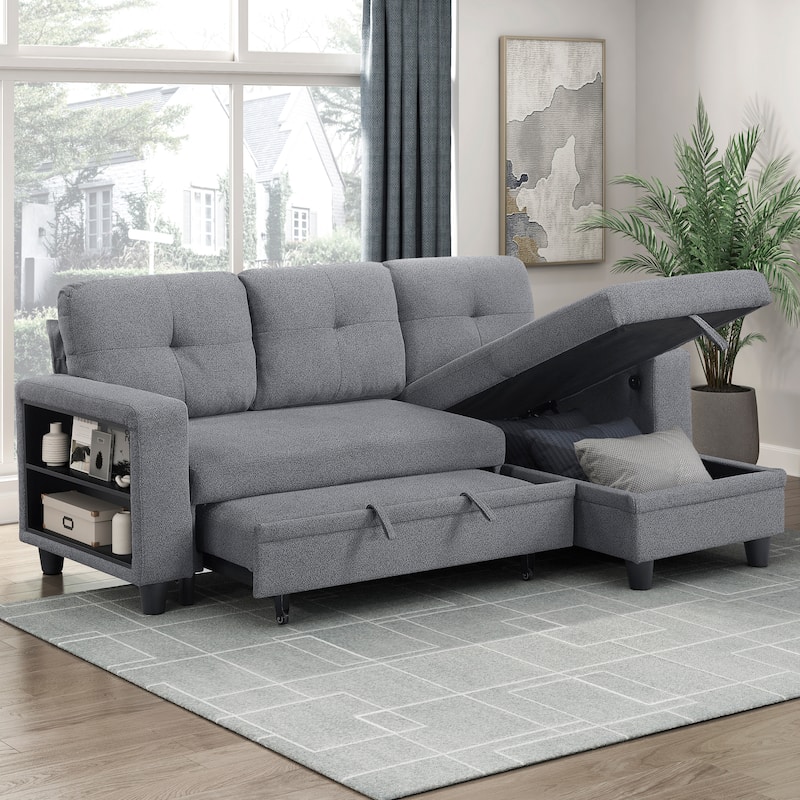 Hazel Boucle Sectional Sofa - Reversible Chaise, Pull-out Bed, Shelves