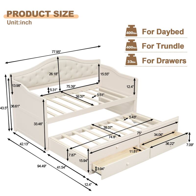 Solid Pinewood Platform Sofa Bed Frame with Trundle and 2 Drawers, Twin SIze Linen Upholstered Daybed, Button Tufted Backrest