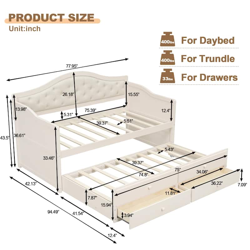 Twin Daybed with Trundle, Twin Size Daybed with 2 Storage Drawers, Wooden Sofa Bed with Upholstered Button Tufted Backrest