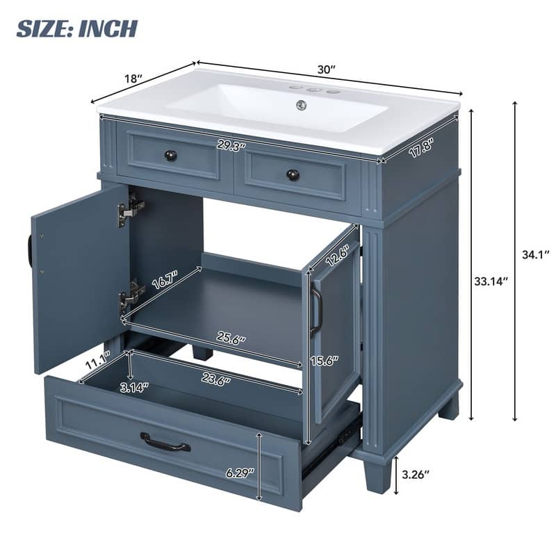 30'' Bathroom Vanity with Ceramic Sink,Solid Wood Frame Bathroom Storage Cabinet with Soft Closing Doors,Retro Style