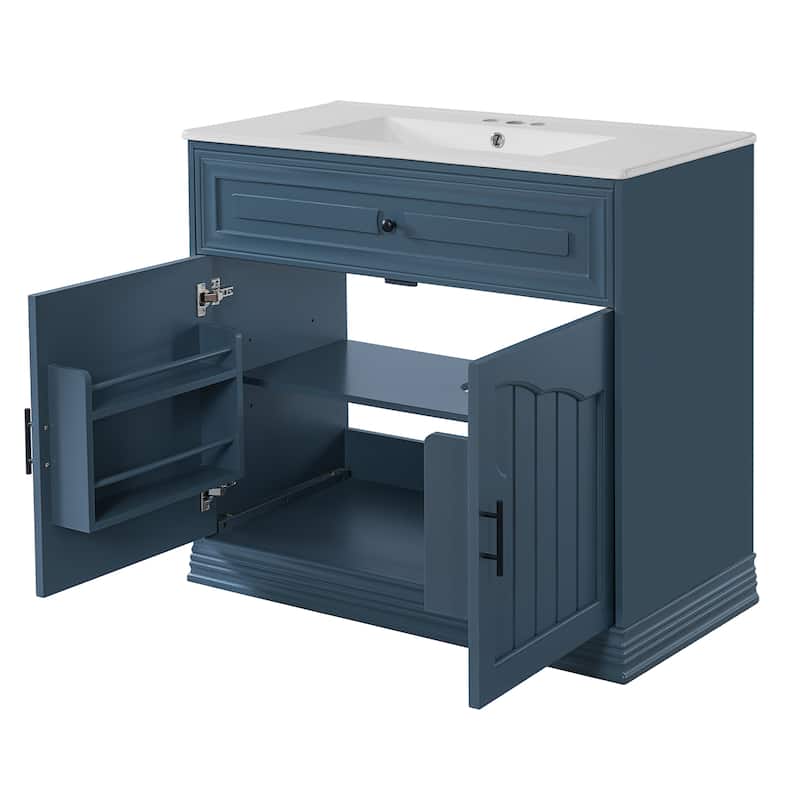 36" Ceramic Sink Bathroom Vanity / Solid Wood Frame Floor Mount Bathroom Storage Cabinet