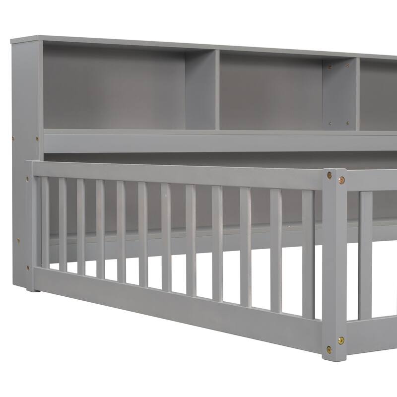 Wooden bed floor bed with bedside bookcase and shelves