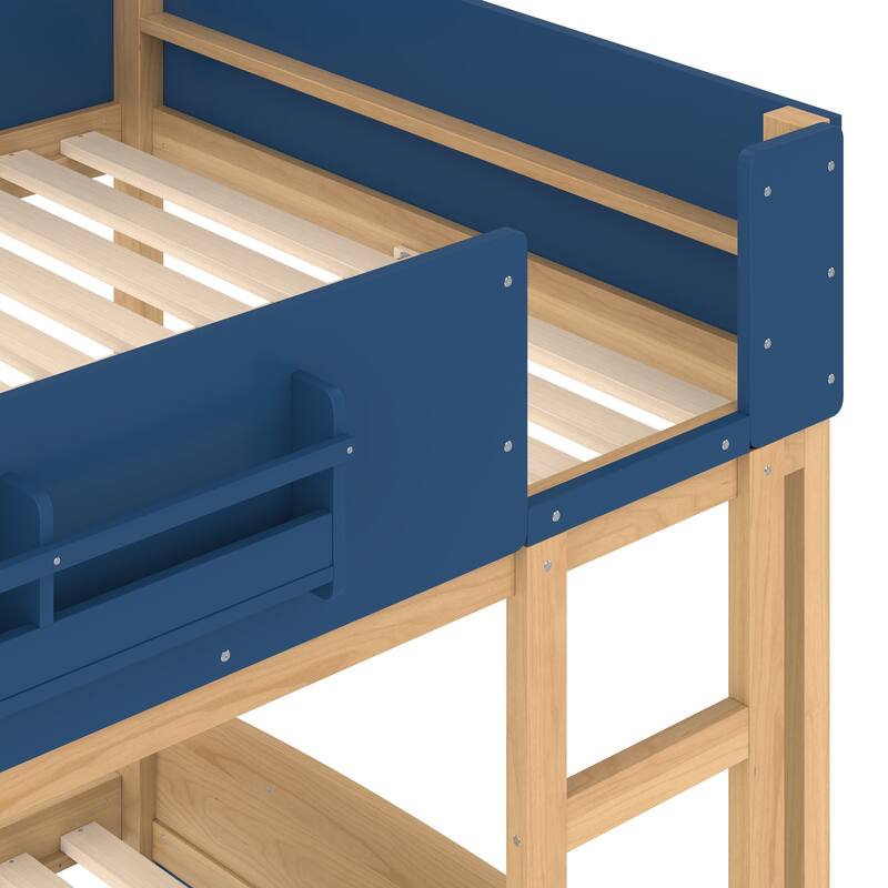Full Bunk Bed with Trundle, Wood Bunk Bed Frame with Built-in Bookshelf and High-quality Safety Guardrail