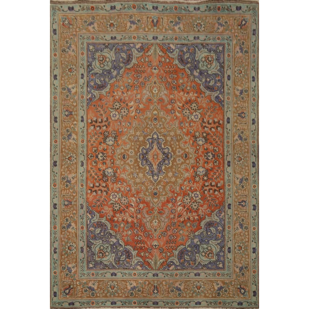 Hand Knotted Oriental 100% Wool Carpet Traditional Floral Oranges & Rust Tabriz Area Rug - 6' 6'' X 4' 11''