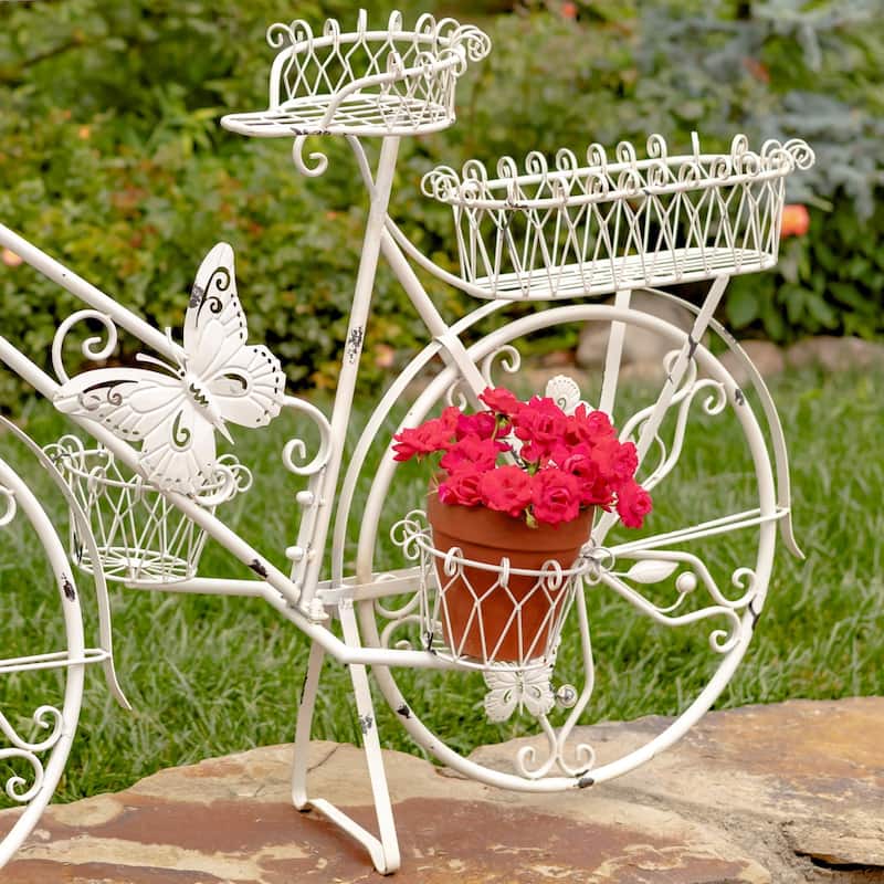 Large Iron Butterfly Bicycle Plant Stand in White