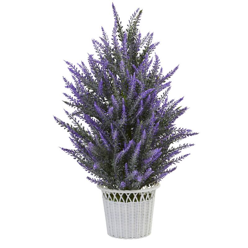 Artificial Lavender Plant in Planter - Home Decor Indoor Flower Arrangement - White Ceramic Pot - Purple