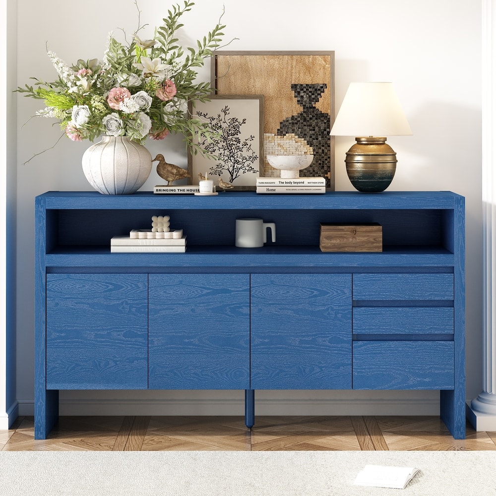 3-Door Sideboard Cabinet with Open Shelf, Freestanding Wood Storage Cabinet, Accent Cabinet with 3 Drawers & Internal Shelf