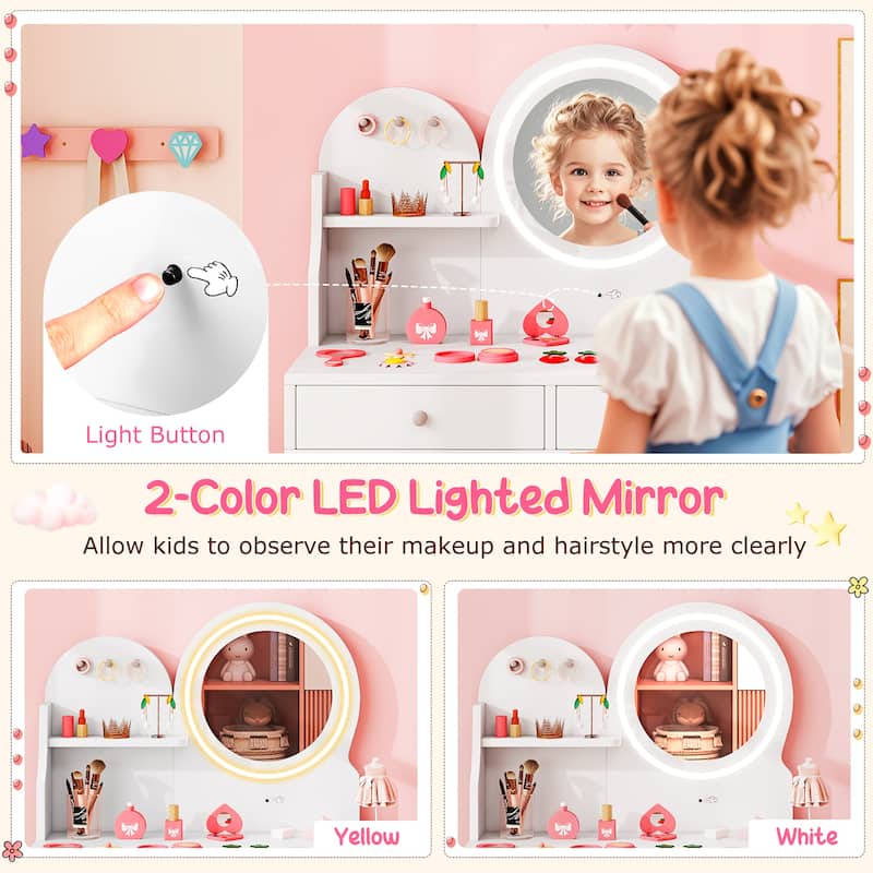Gymax Kids Vanity Set w/ Lighted Mirror Princess Makeup Dressing Desk