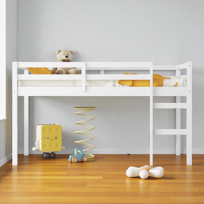 Solid Wood Twin Loft Bed with Ladder, Rubber Wood Frame Low Height Design with Guard Rails and Storage Space - White - Twin