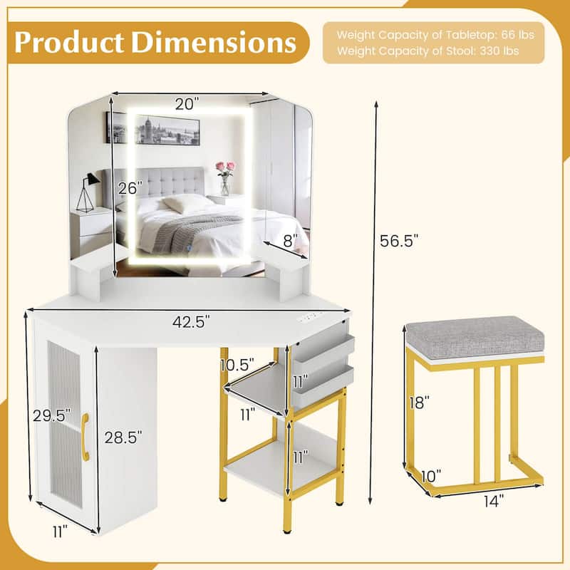 Costway Corner Vanity Desk with Mirror Lights Triple Mirror 3 Lighting - See Details