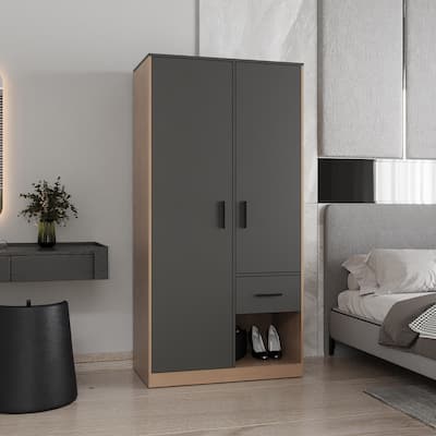 2-Door One Drawer Amoire With 2 Cabinets,Two Hanging Rods And Four Shelves In Matt Gray And Natural Oak