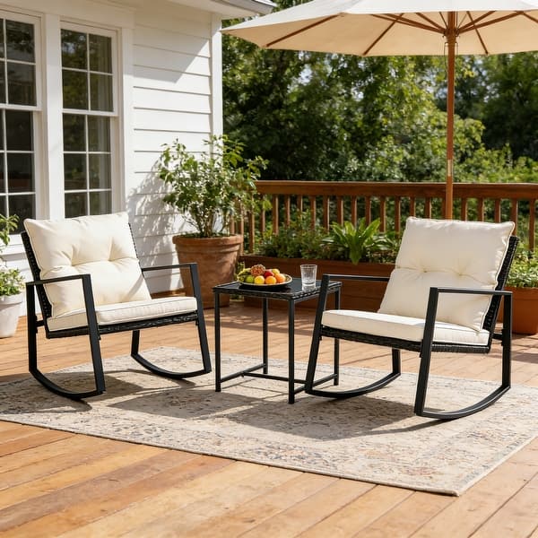 3-Piece Outdoor Patio Black Metal Rocking Bistro Set - Beige