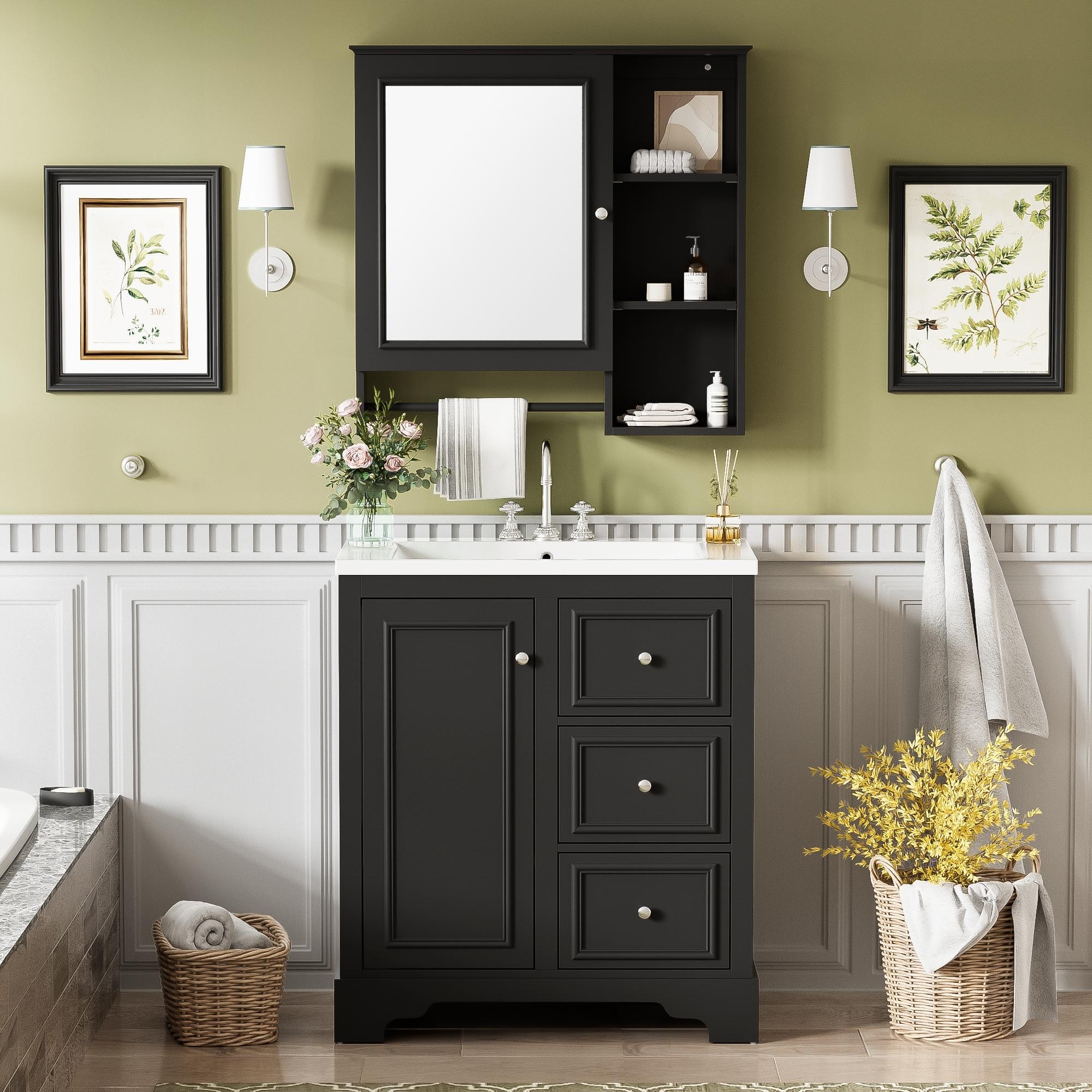 30 inch MDF Freestanding Bathroom Vanity Set with Mirror Cabinet and Integrated Ceramic Sink - 30" x 18" x 34"