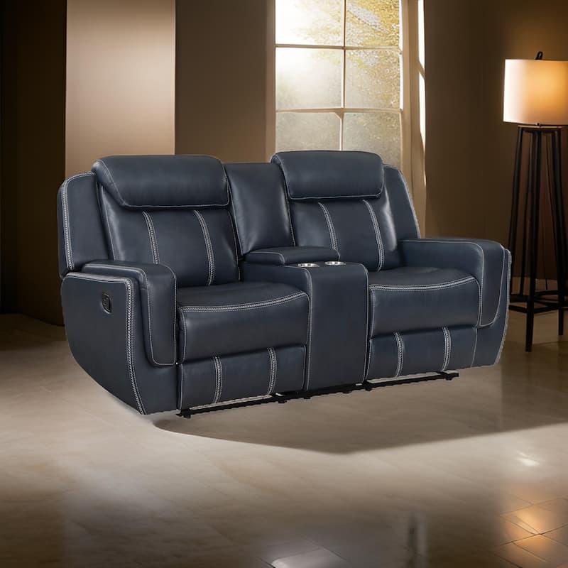 Louise 76 Inch Dual Manual Recliner Loveseat, Cupholder, Blue Faux Leather