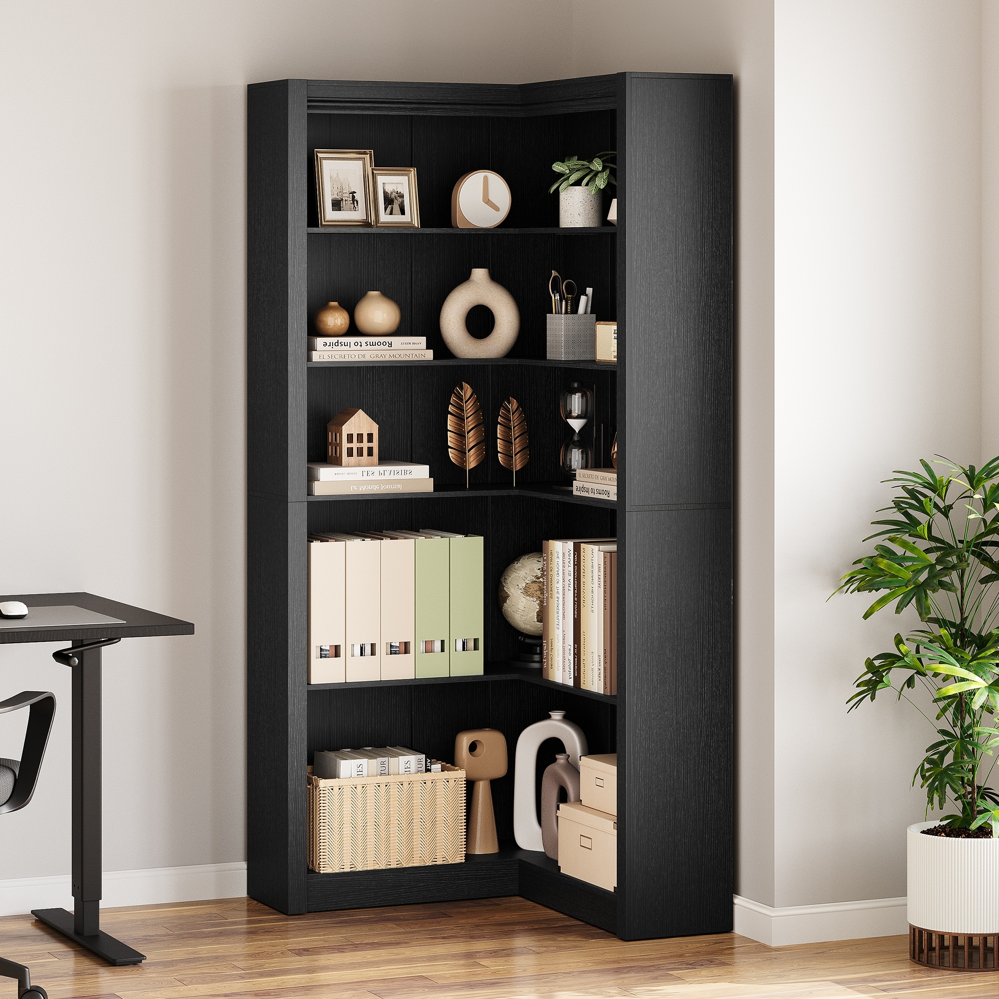 71.8" Tall L-Shaped Corner Bookshelf, 5-Tier Bookcase with Storage, Display Shelves for Living Room, Bedroom, Office