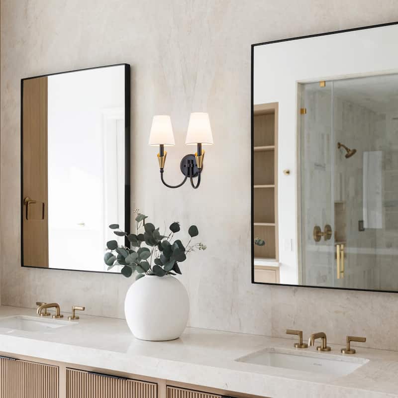 2-Light Matte Black & Gold Wall Sconce Traditional Fabric Shades