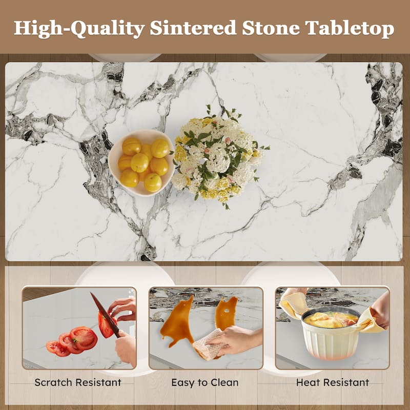 Roomfitters 63 Inch Dining Table Set with Chairs, Sintered Stone Kitchen Desk with Storage Cabinet, White & Gold