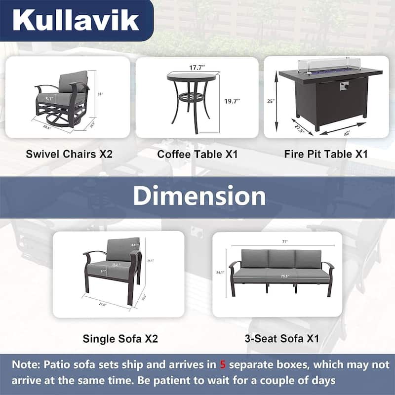 Kullavik Aluminum Outdoor Patio Furniture with Curved Armrests & Firepit Table