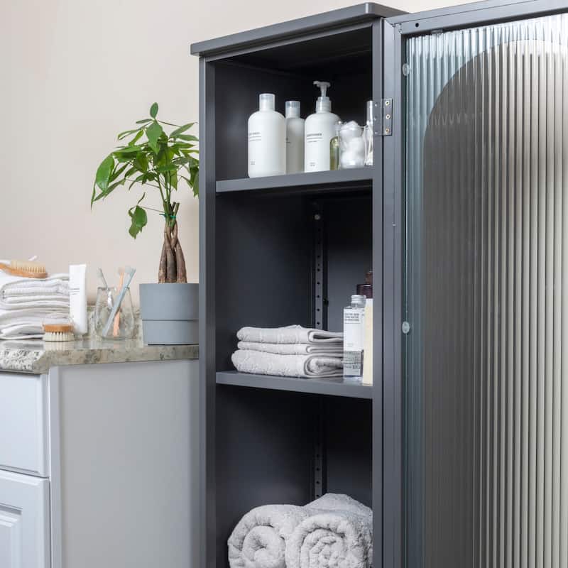 Solstice Metal Cabinet with 3 Adjustable Storage Shelves and Arched Glass Door
