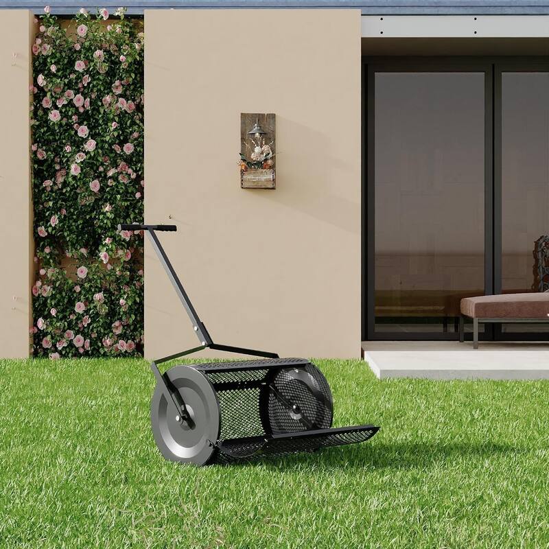 24 in Metal Mesh Compost Spreader - Adjustable Push Roller for Peat Moss Manure Top Dressing Mulch and Garden Fertilizer