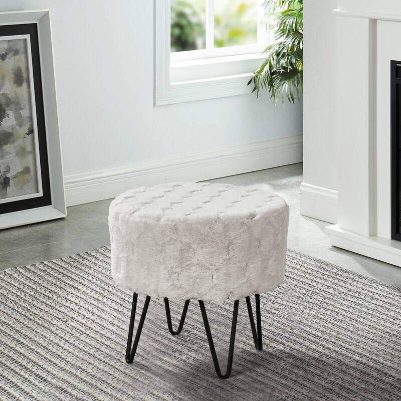 Jacquard Solid Fauxfur Round Ottoman - 18" x 18" x 18" - White Sands