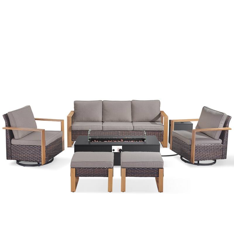 Pocassy Outdoor Sofa Swivel Chair Ottoman w/ 43" Fire Pit Set