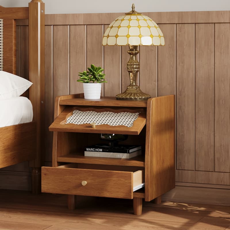 Wooden Nightstand with Flip-Top Cabinet and 1 Drawer, Bedside Tables with Rattan-Woven Storage Cabinet, for Bedroom