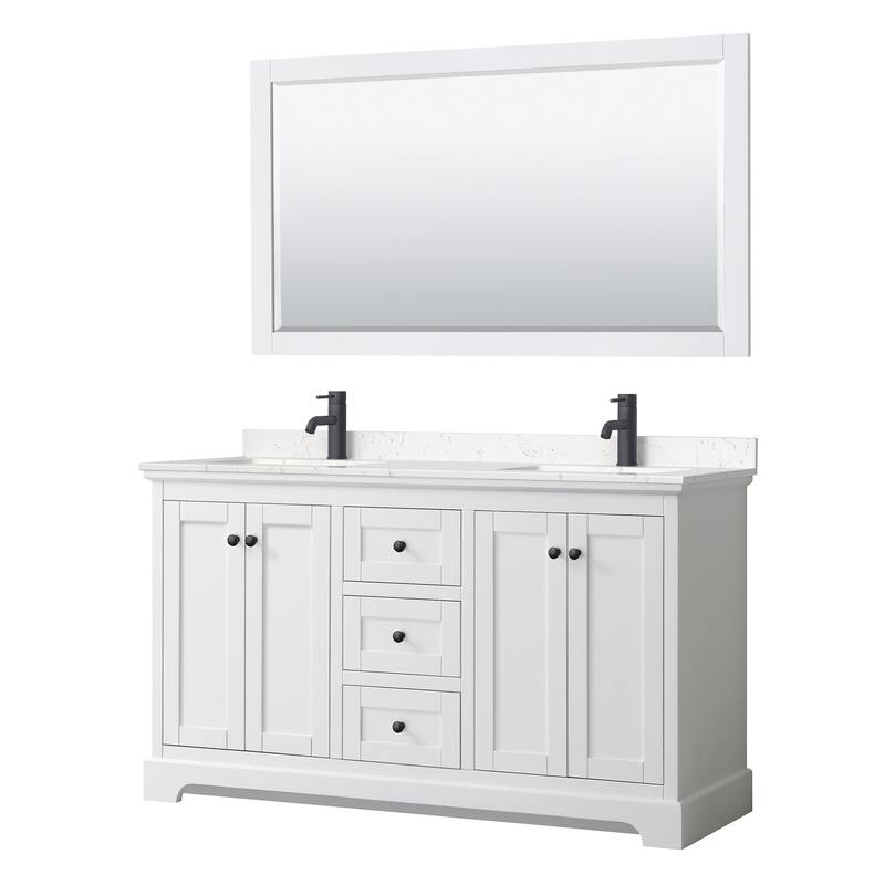 Wyndham Collection Avery 60" Free Standing Double Basin Vanity Set - White / Carrara Cultured Marble Top / Matte Black