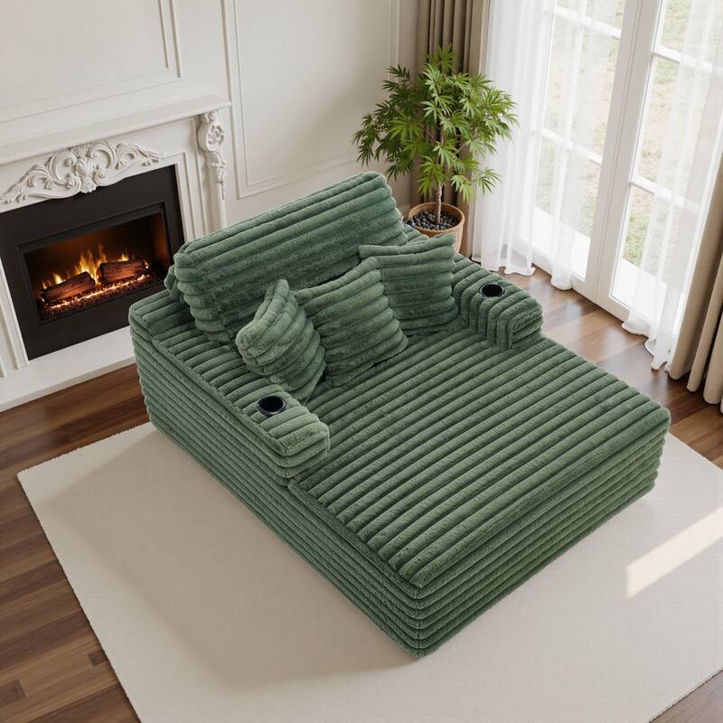 Indoor Oversized Plush Chaise Lounge with Pillows and Cup Holder